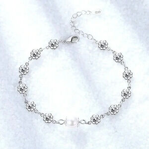 Dainty 925 Sterling Silver Flower & Pearl Bracelet